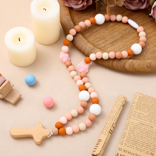 Misdary Baby Silicone Rosary Baptism Gift Pink Flowers 1