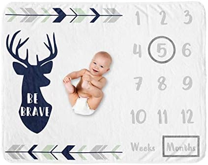 Sweet Jojo Designs Woodland Deer Milestone Blanket - Navy Blue Mint and Grey