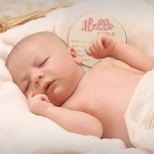 Newborn Announcement Sign - Hello World Wooden Welcome Sign for Boys and Girls