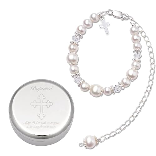 Baptism Cross Bracelet with Cultured Pearls and Keepsake Box