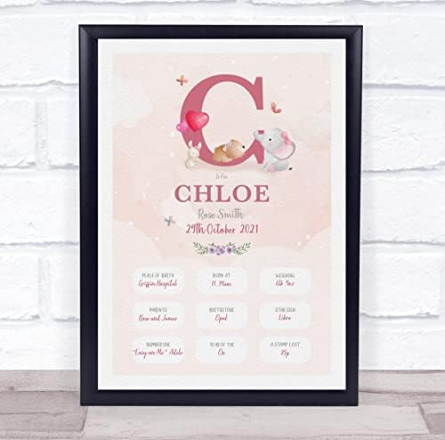 New Baby Birth Details Christening Pink Initial C Keepsake Print