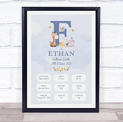 New Baby Birth Details Christening Nursery Blue Initial E Keepsake Frame 1