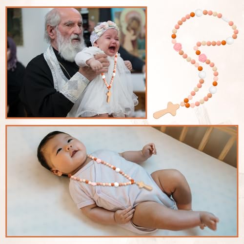Misdary Baby Silicone Rosary Baptism Gift Pink Flowers 1