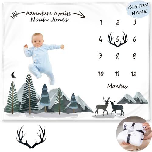 Custom Milestone Blanket for Baby Boy Adventure Awaits Forest Deer Design