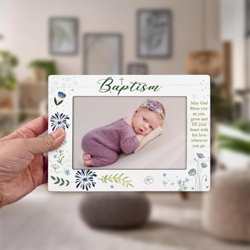 KLYTINK Baptism Photo Frame with Cross and Blessing Message - 4x6Inch Blue