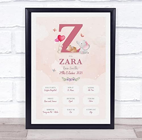 New Baby Birth Details Christening Nursery Pink Initial Z Keepsake Print