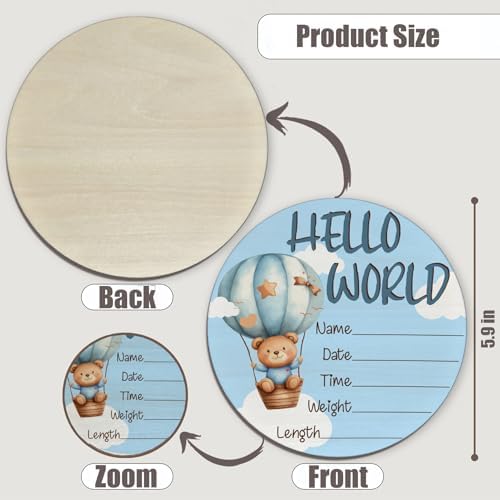 6 Inch Wooden Baby Announcement Sign with Bear and Balloon Design