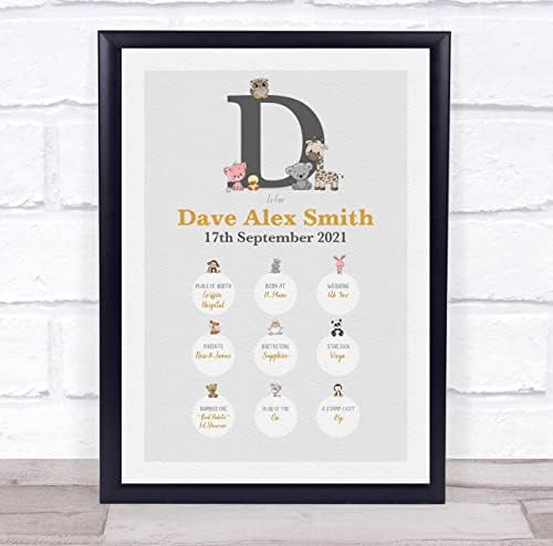 New Baby Birth Details Christening Animal Initial D Keepsake Print