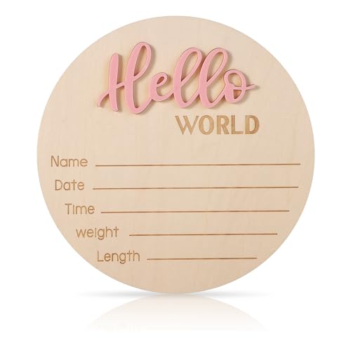 Newborn Announcement Sign - Hello World Wooden Welcome Sign for Boys and Girls