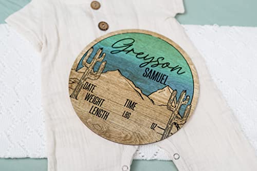 Personalized Birth Stat Sign for Newborn Baby Green Western Sunset Design