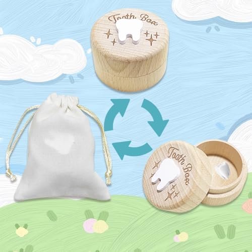 Zalengine Wooden Tooth Fairy Box with Storage Pouch