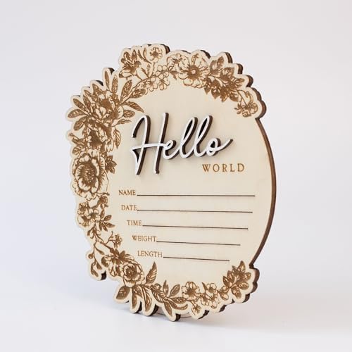 CUNCUN Baby Name Announcement Sign - Floral Wooden Hello World Plaque
