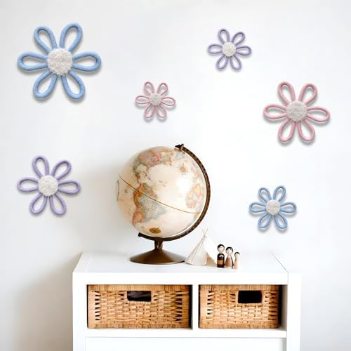 6 Pcs Boho Daisy Wall Decor Set - Pink Blue Purple