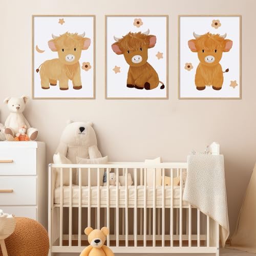 Geyoga 3 Pcs Baby Highland Cattle Wall Decor Art