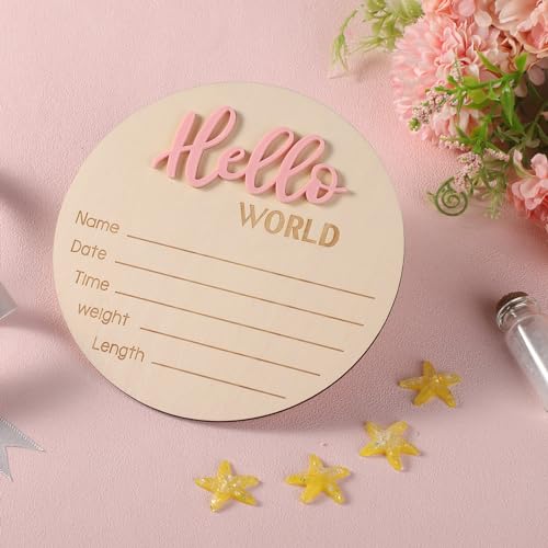 Newborn Announcement Sign - Hello World Wooden Welcome Sign for Boys and Girls