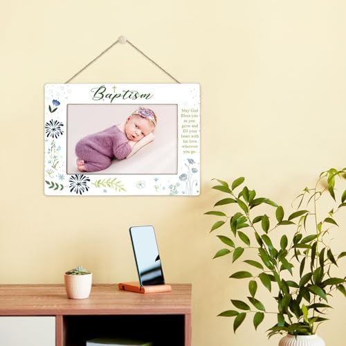 KLYTINK Baptism Photo Frame with Cross and Blessing Message - 4x6Inch Blue