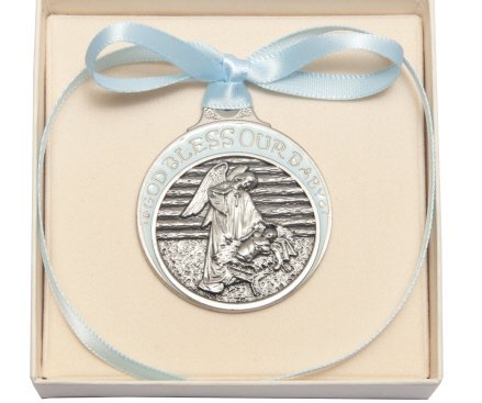 Pewter Baby in Manger Crib Medal - Boxed