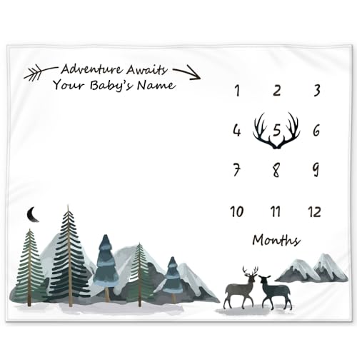 Custom Milestone Blanket for Baby Boy Adventure Awaits Forest Deer Design