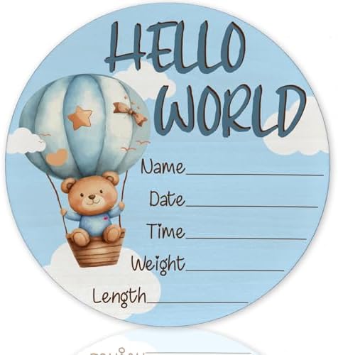 6 Inch Wooden Baby Announcement Sign with Bear and Balloon Design