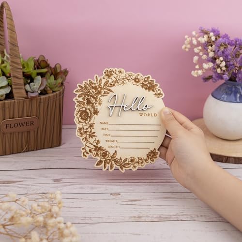 CUNCUN Baby Name Announcement Sign - Floral Wooden Hello World Plaque