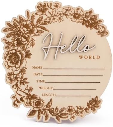 CUNCUN Baby Name Announcement Sign - Floral Wooden Hello World Plaque