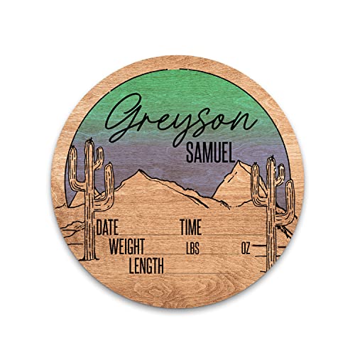 Personalized Birth Stat Sign for Newborn Baby Green Western Sunset Design