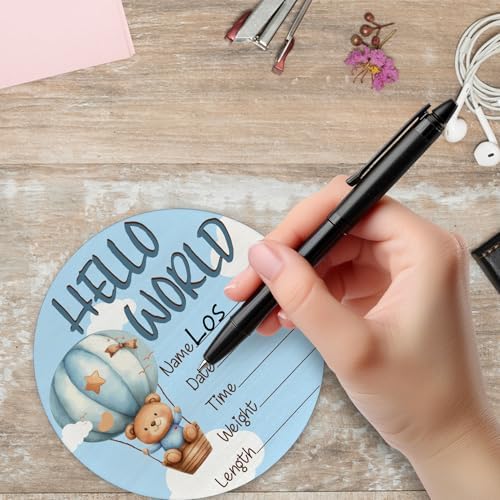 6 Inch Wooden Baby Announcement Sign with Bear and Balloon Design