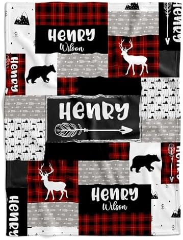Personalized Wilderness Baby Blanket Custom Name Red Black Plaid