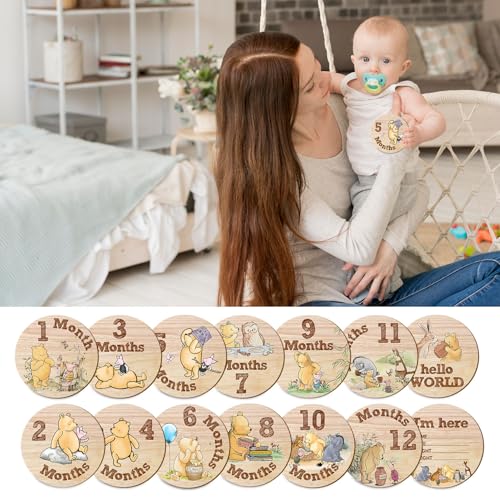 Hatzelou 7Pcs Baby Milestone Circles Winnie The Pooh Wooden Keepsakes