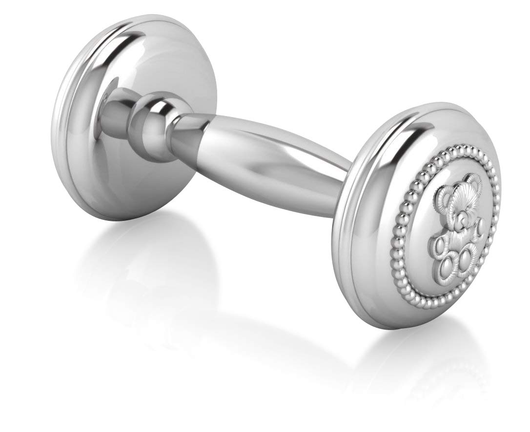 Silver Plated Teddy Dumbbell Rattle for Newborn Baby - Custom Engraved Gift