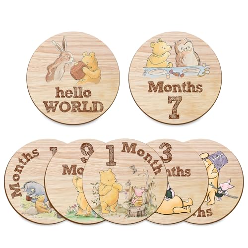 Hatzelou 7Pcs Baby Milestone Circles Winnie The Pooh Wooden Keepsakes