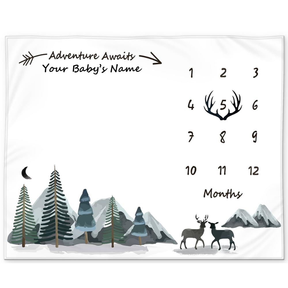 Custom Milestone Blanket for Baby Boy Adventure Awaits Forest Deer Design