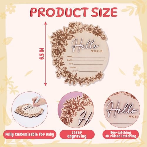 CUNCUN Baby Name Announcement Sign - Floral Wooden Hello World Plaque
