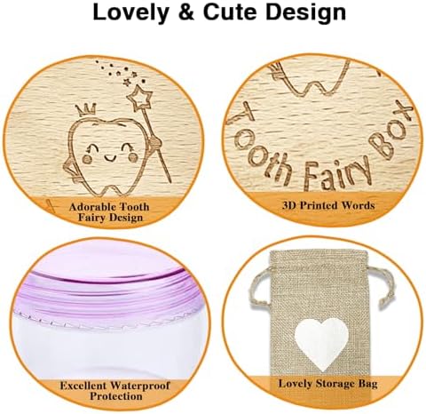 Wooden Tooth Fairy Box with Clear Container and Storage Pouch