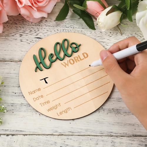 Baby Announcement Sign 59 Inch Wooden Hello World Welcome Plaque Green