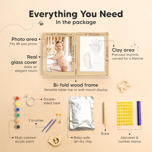 KeaBabies Personalized Hand Footprint Kit - Quick Dry Clay Ash Wood Frame