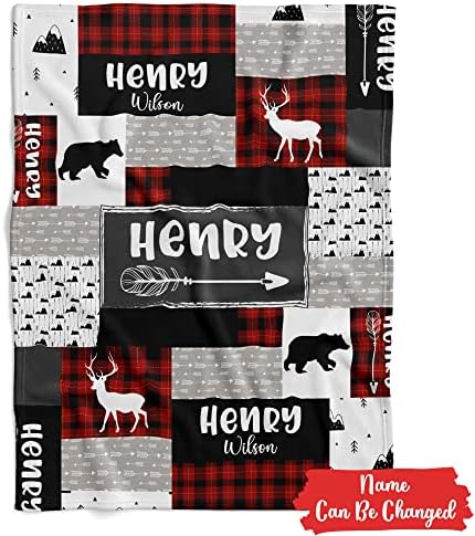 Personalized Wilderness Baby Blanket Custom Name Red Black Plaid