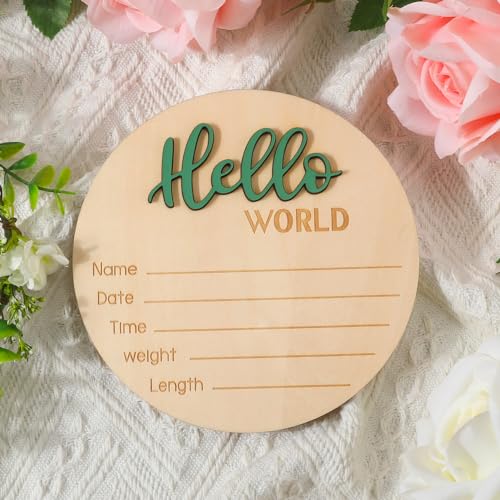 Baby Announcement Sign 59 Inch Wooden Hello World Welcome Plaque Green