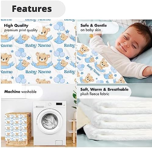 Personalized Bear Baby Blanket with Blue Balloons 1