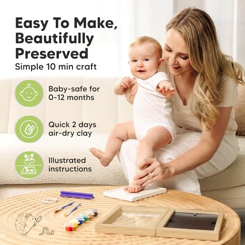 KeaBabies Personalized Hand Footprint Kit - Quick Dry Clay Ash Wood Frame