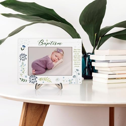 KLYTINK Baptism Photo Frame with Cross and Blessing Message - 4x6Inch Blue