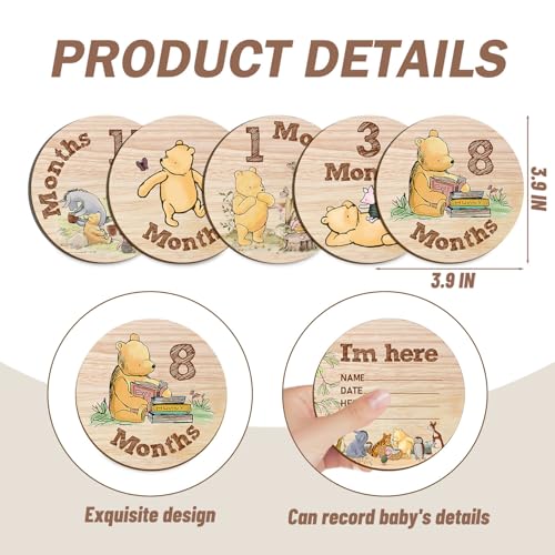 Hatzelou 7Pcs Baby Milestone Circles Winnie The Pooh Wooden Keepsakes