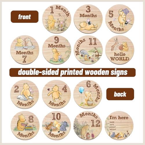 Hatzelou 7Pcs Baby Milestone Circles Winnie The Pooh Wooden Keepsakes