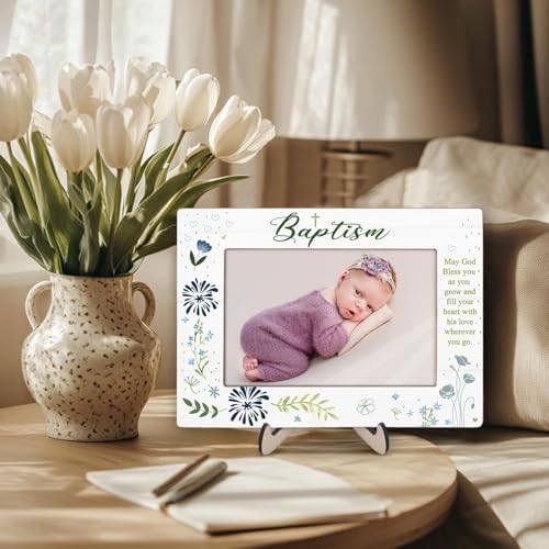 KLYTINK Baptism Photo Frame with Cross and Blessing Message - 4x6Inch Blue