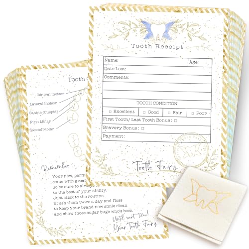 20 Tooth Fairy Receipt Cards Light Gold Bag