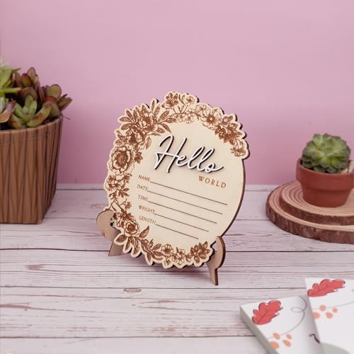 CUNCUN Baby Name Announcement Sign - Floral Wooden Hello World Plaque