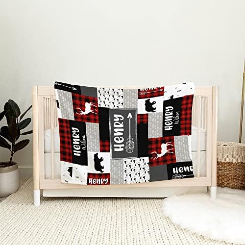Personalized Wilderness Baby Blanket Custom Name Red Black Plaid