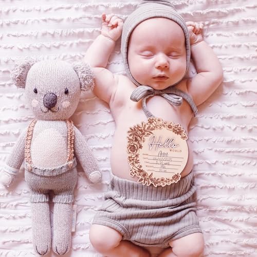 CUNCUN Baby Name Announcement Sign - Floral Wooden Hello World Plaque
