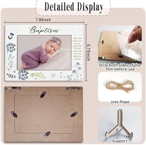KLYTINK Baptism Photo Frame with Cross and Blessing Message - 4x6Inch Blue
