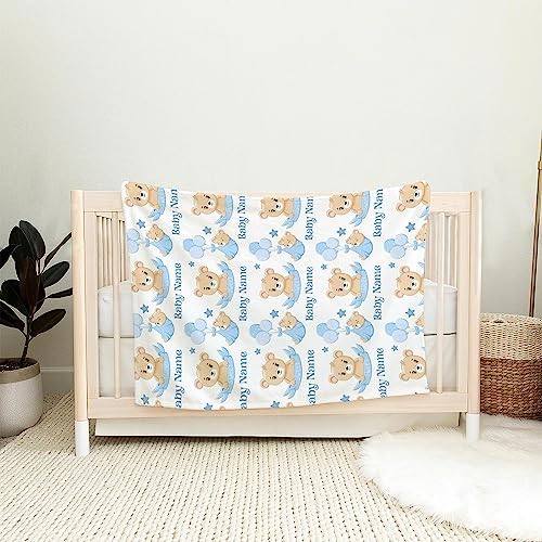 Personalized Bear Baby Blanket with Blue Balloons 1